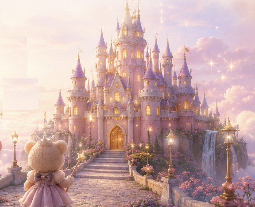 Castillo encantado de BellaV al atardecer, con una osita princesa contemplándolo
