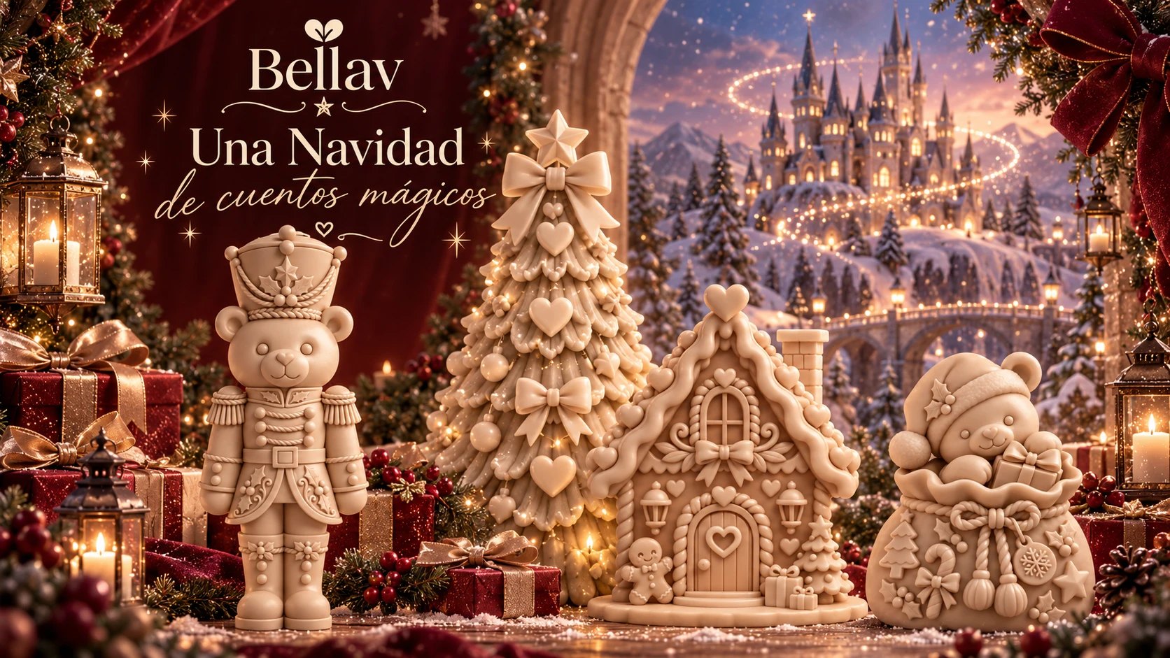 Una Navidad de cuentos mágicos: moldes BellaV de cascanueces, arbolito, casita de jengibre y osito navideño frente a un castillo nevado